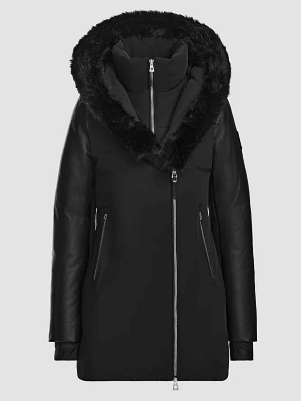 Aurelle Women's Mid-Length Fitted Down Parka With Vegan Leather Sleeves
